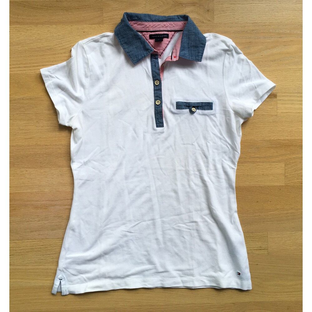 White Polo Shirt Womens Medium Chambray Collar Cotton Stretch Preppy Nautical
